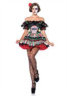 Day of the Dead (woman), costume dress, lace trim, ruffles, big bow, off shoulder, sugar skull (Calavera), vertical stripes